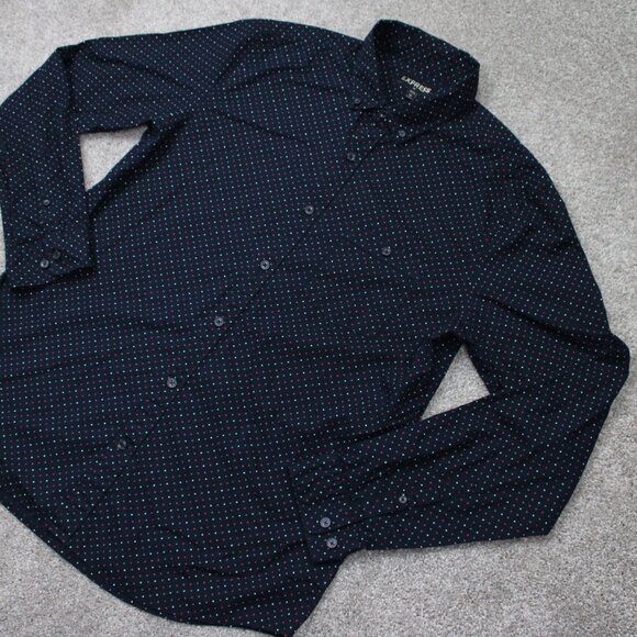 Express Shirt Mens Large 16-16 1/2 Blue Geometric 100% Cotton Long Sleeve Button - Picture 4 of 14